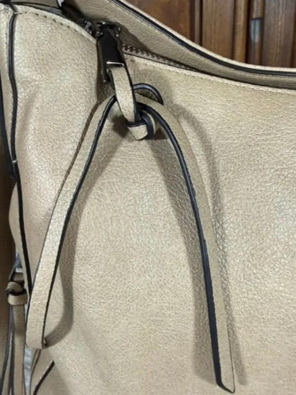 Taupe Tassel Pebble Texture Faux Leather Hobo Crossbody Shoulder Handbag